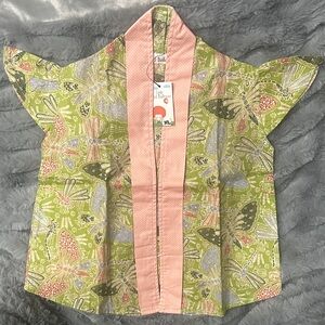 Green Butterfly Kimono Top with Pink Trim